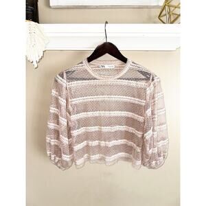 Zara Pink Lace Bell Sleeve Top Shirt XS GUC Womens Sheer Romantic Blush Overlay